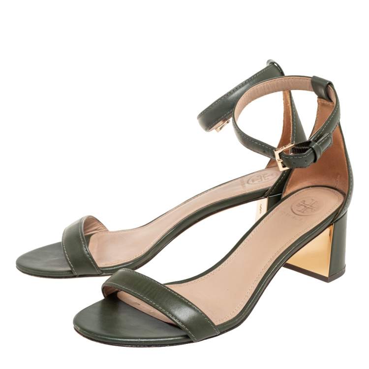 Pre Owned Tory Burch Green  Leather Block Heel Ankle Strap Sandals Size 37.5