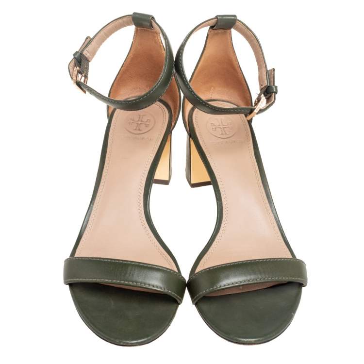 Pre Owned Tory Burch Green  Leather Block Heel Ankle Strap Sandals Size 37.5
