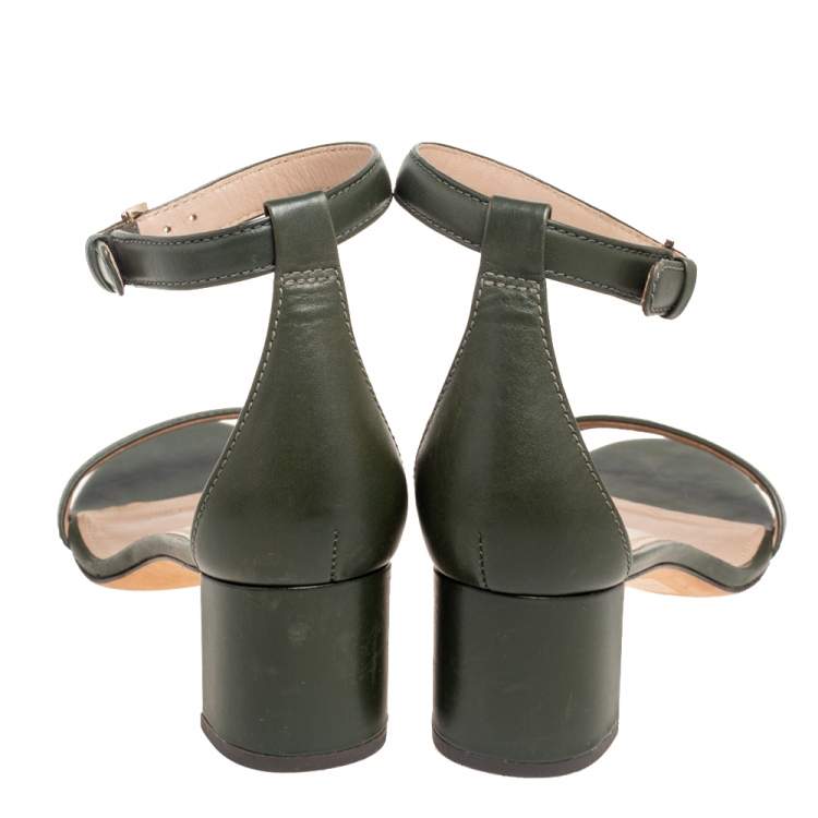 Pre Owned Tory Burch Green  Leather Block Heel Ankle Strap Sandals Size 37.5