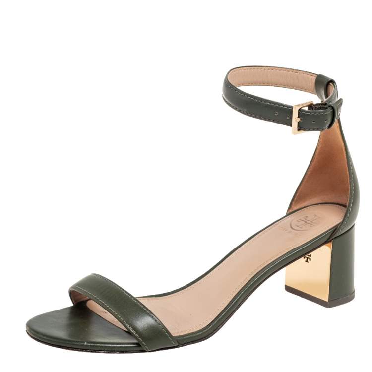 Pre Owned Tory Burch Green  Leather Block Heel Ankle Strap Sandals Size 37.5