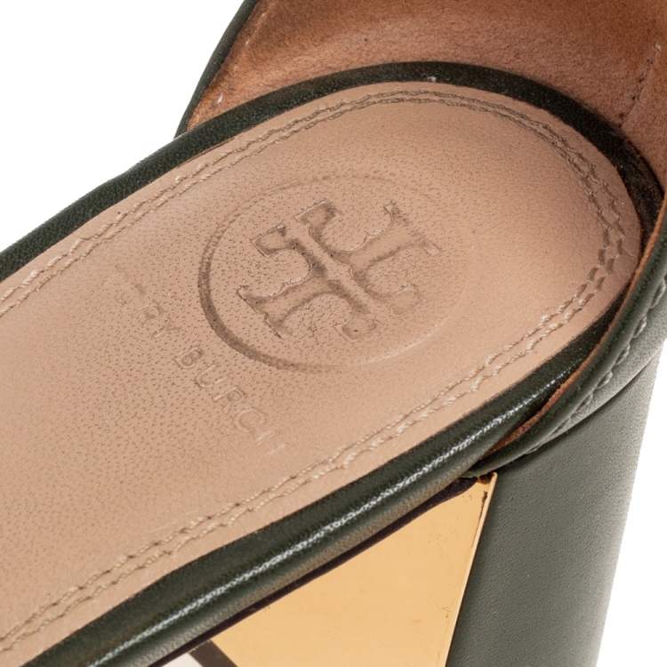 Pre Owned Tory Burch Green  Leather Block Heel Ankle Strap Sandals Size 37.5