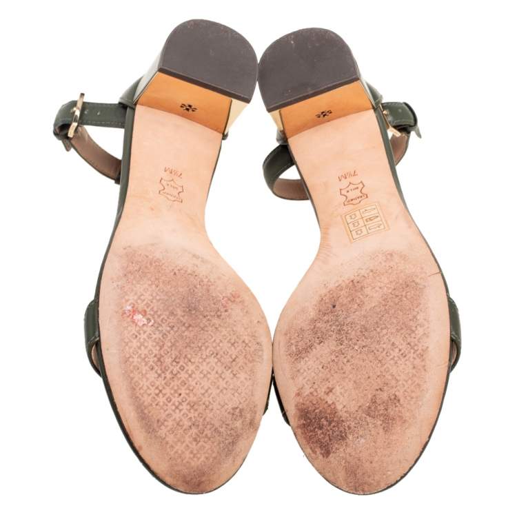 Pre Owned Tory Burch Green  Leather Block Heel Ankle Strap Sandals Size 37.5