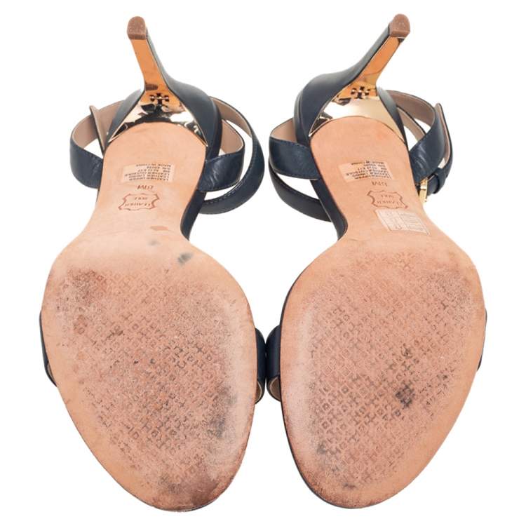 Pre Owned Tory Burch Navy Blue Leather Ankle Strap Open Toe Sandals Size 38