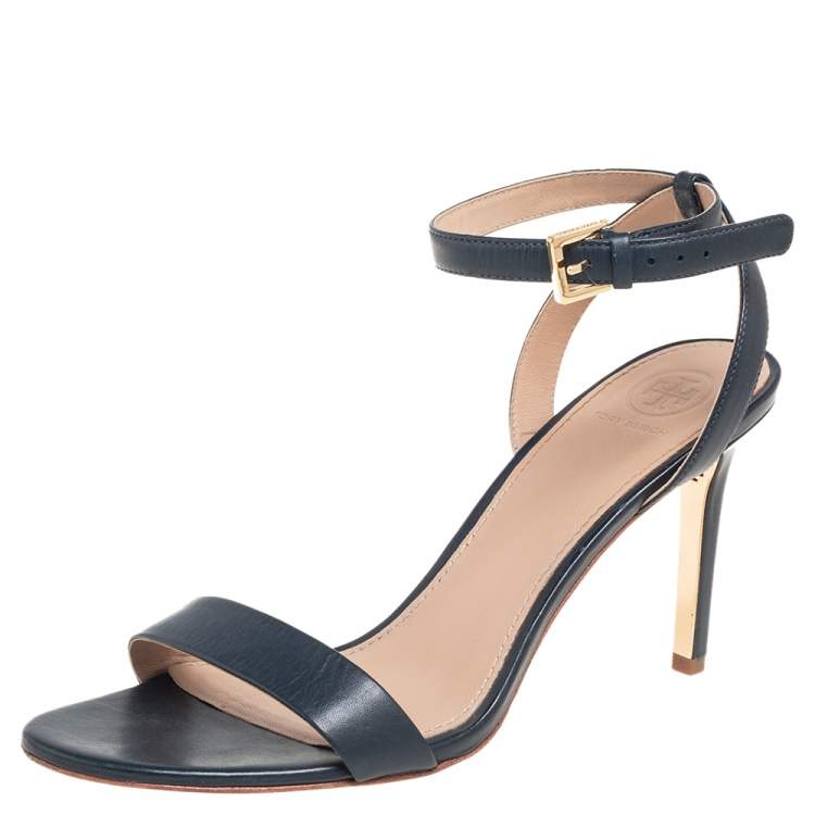 Pre Owned Tory Burch Navy Blue Leather Ankle Strap Open Toe Sandals Size 38