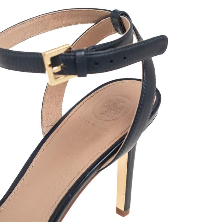 Pre Owned Tory Burch Navy Blue Leather Ankle Strap Open Toe Sandals Size 38