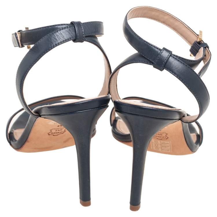 Pre Owned Tory Burch Navy Blue Leather Ankle Strap Open Toe Sandals Size 38