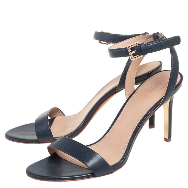 Pre Owned Tory Burch Navy Blue Leather Ankle Strap Open Toe Sandals Size 38