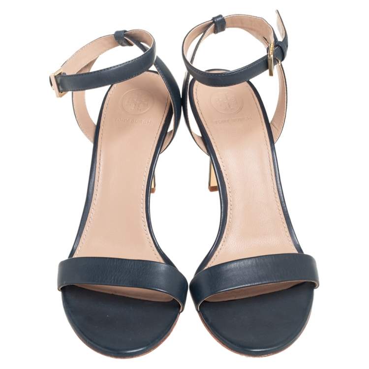 Pre Owned Tory Burch Navy Blue Leather Ankle Strap Open Toe Sandals Size 38