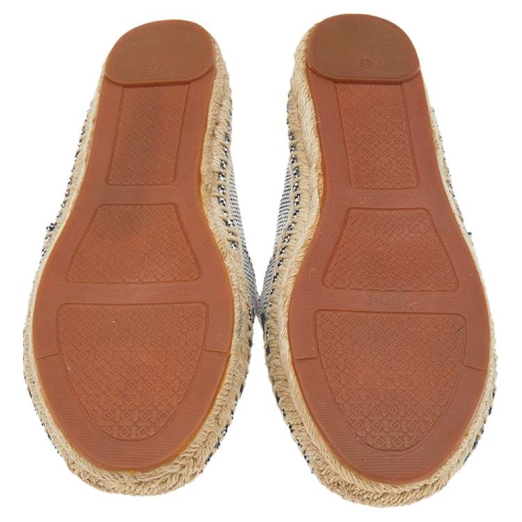 Pre Owned Tory Burch Black/White Canvas And Leather Logo Lonnie Espadrilles Flats Size 37