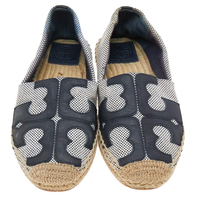 Pre Owned Tory Burch Black/White Canvas And Leather Logo Lonnie Espadrilles Flats Size 37