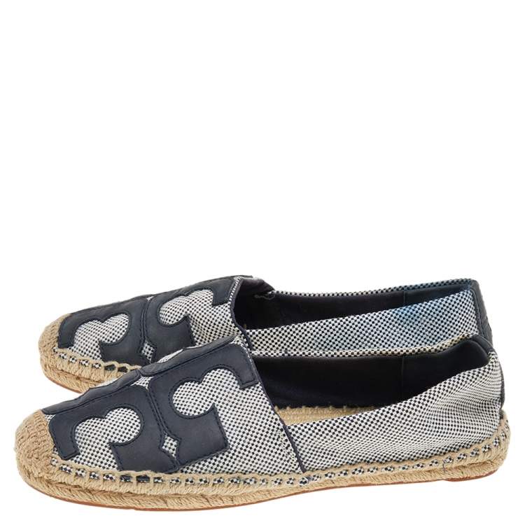 Pre Owned Tory Burch Black/White Canvas And Leather Logo Lonnie Espadrilles Flats Size 37