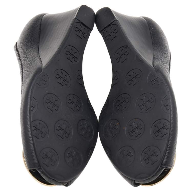 Pre Owned Tory Burch Black Leather Logo Peep Toe Wedge Pumps Size 36