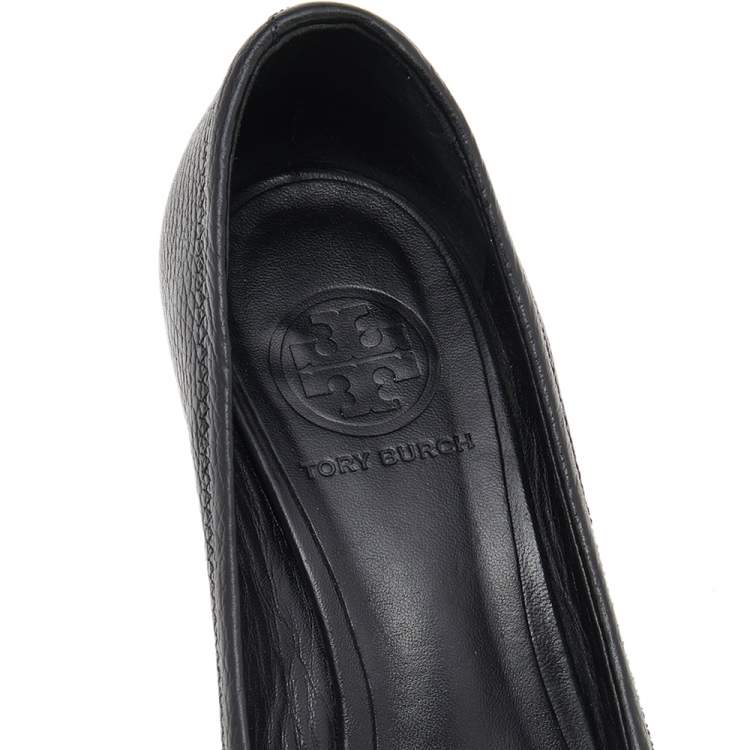 Pre Owned Tory Burch Black Leather Logo Peep Toe Wedge Pumps Size 36