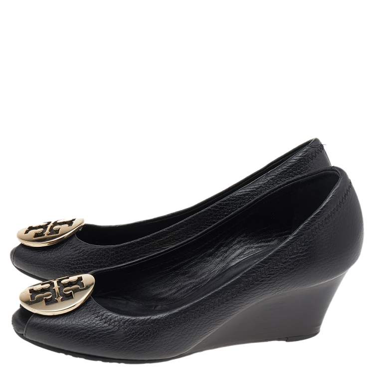 Pre Owned Tory Burch Black Leather Logo Peep Toe Wedge Pumps Size 36