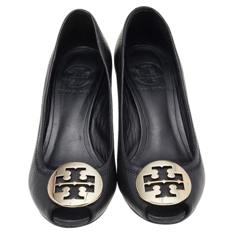 Pre Owned Tory Burch Black Leather Logo Peep Toe Wedge Pumps Size 36