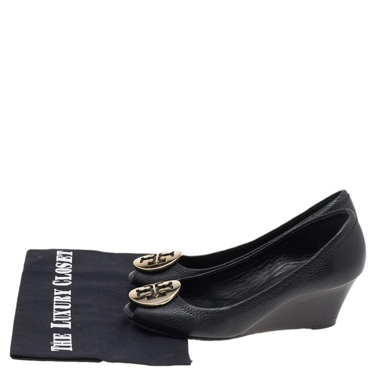 Pre Owned Tory Burch Black Leather Logo Peep Toe Wedge Pumps Size 36