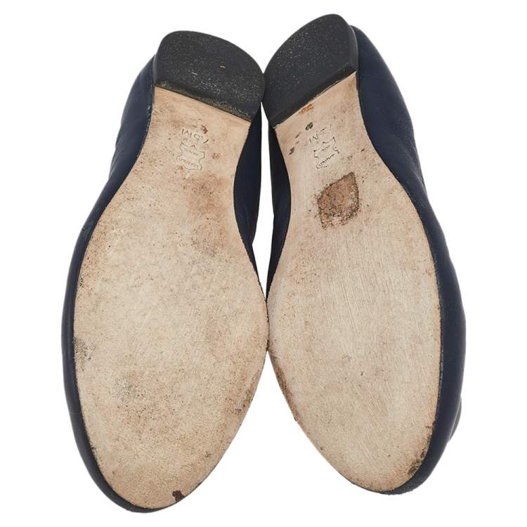 Pre Owned Tory Burch Navy Blue Leather Embellished Logo Scrunch Ballet Flats Size 37.5