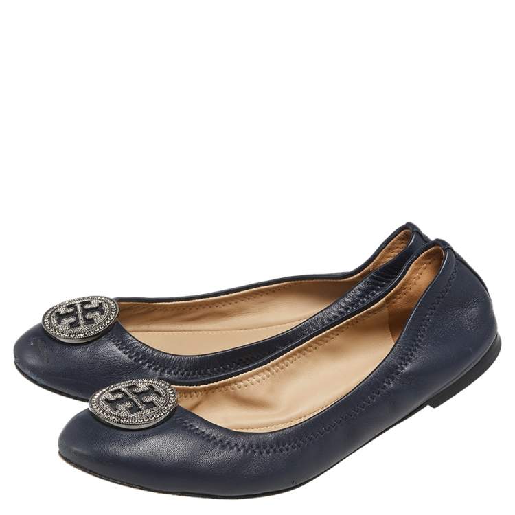 Pre Owned Tory Burch Navy Blue Leather Embellished Logo Scrunch Ballet Flats Size 37.5