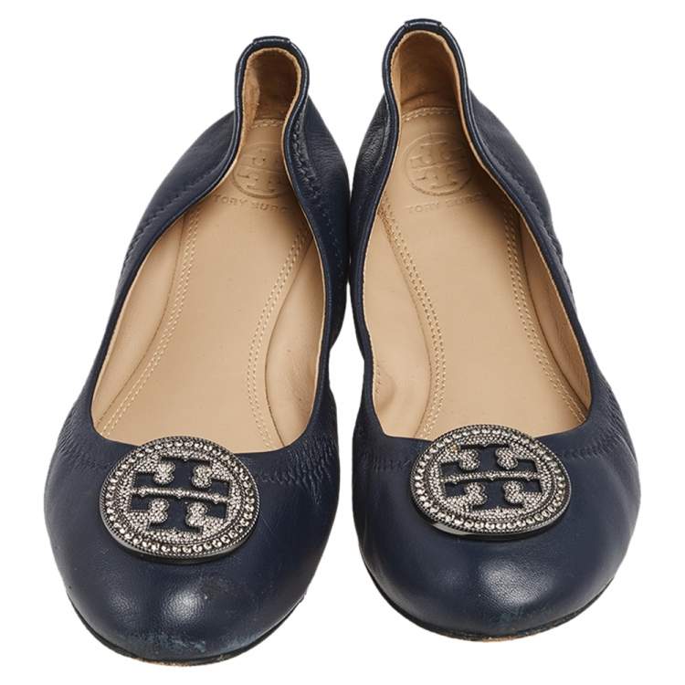 Pre Owned Tory Burch Navy Blue Leather Embellished Logo Scrunch Ballet Flats Size 37.5