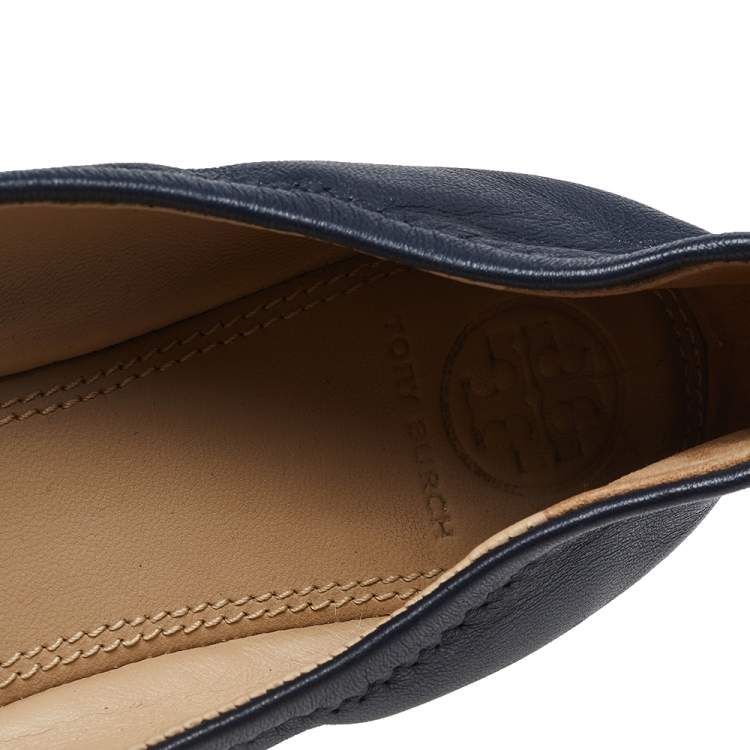 Pre Owned Tory Burch Navy Blue Leather Embellished Logo Scrunch Ballet Flats Size 37.5