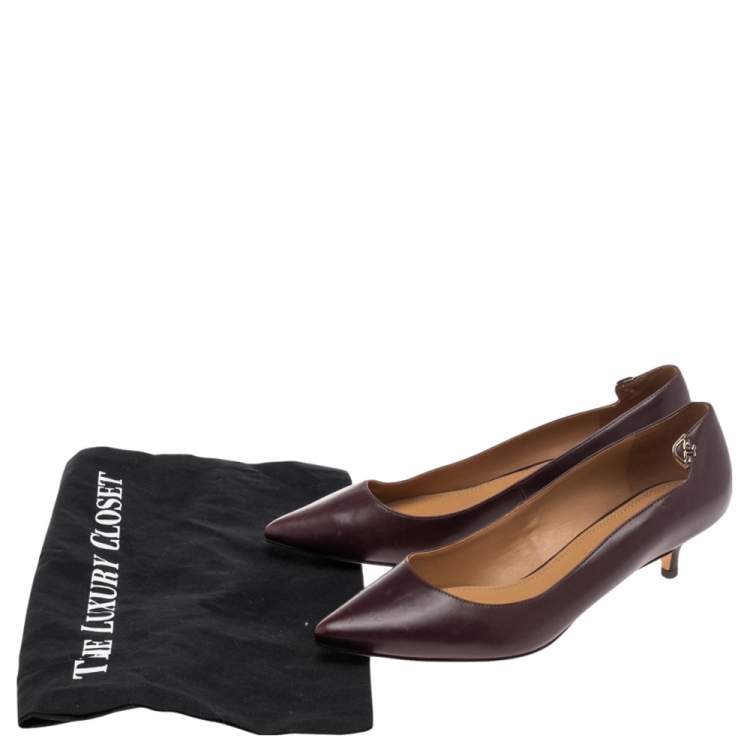 Pre Owned Tory Burch Burgundy Leather Pointed Toe Kitten Heel Pumps Size 38.5