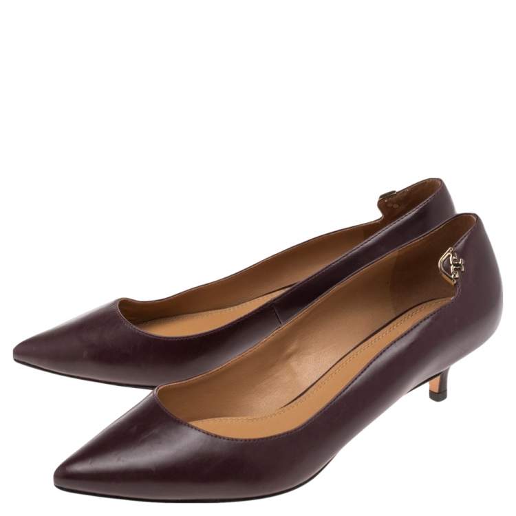 Pre Owned Tory Burch Burgundy Leather Pointed Toe Kitten Heel Pumps Size 38.5
