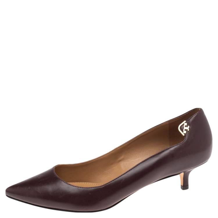 Pre Owned Tory Burch Burgundy Leather Pointed Toe Kitten Heel Pumps Size 38.5
