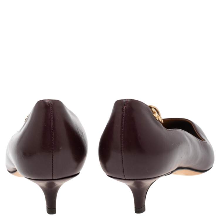 Pre Owned Tory Burch Burgundy Leather Pointed Toe Kitten Heel Pumps Size 38.5