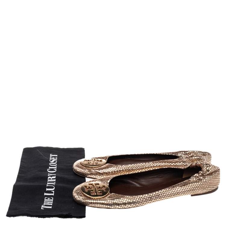 Pre Owned Tory Burch Beige Snakeskin Embossed Leather Reva Pebbled Logo Ballerina Flats Size 41