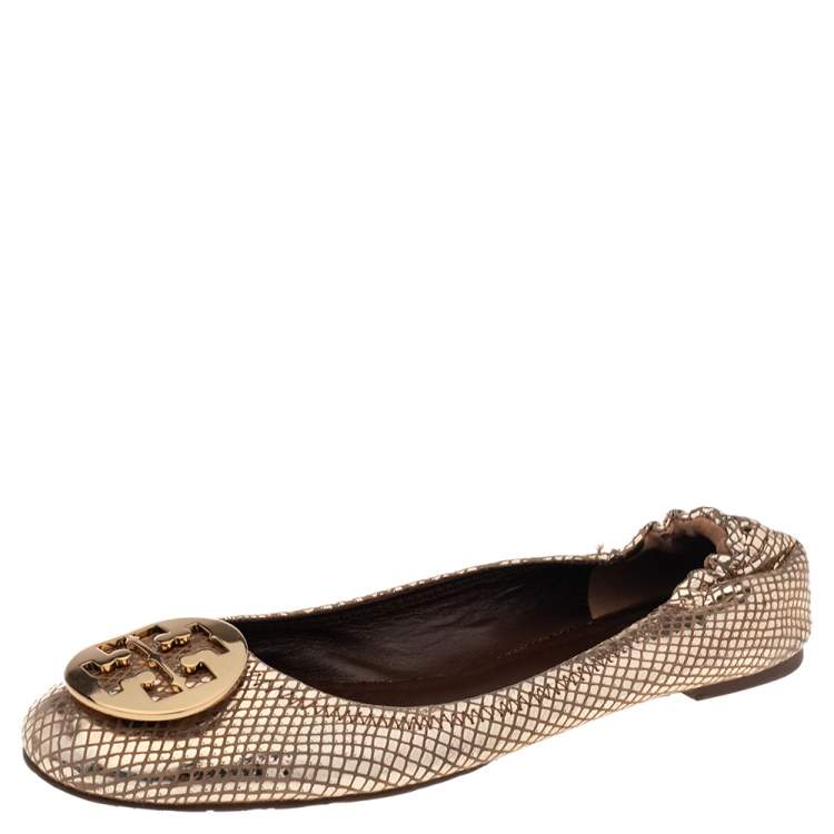 Pre Owned Tory Burch Beige Snakeskin Embossed Leather Reva Pebbled Logo Ballerina Flats Size 41