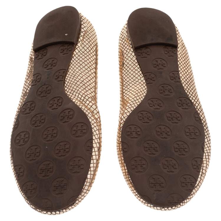 Pre Owned Tory Burch Beige Snakeskin Embossed Leather Reva Pebbled Logo Ballerina Flats Size 41
