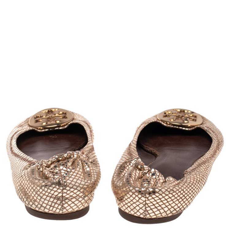 Pre Owned Tory Burch Beige Snakeskin Embossed Leather Reva Pebbled Logo Ballerina Flats Size 41