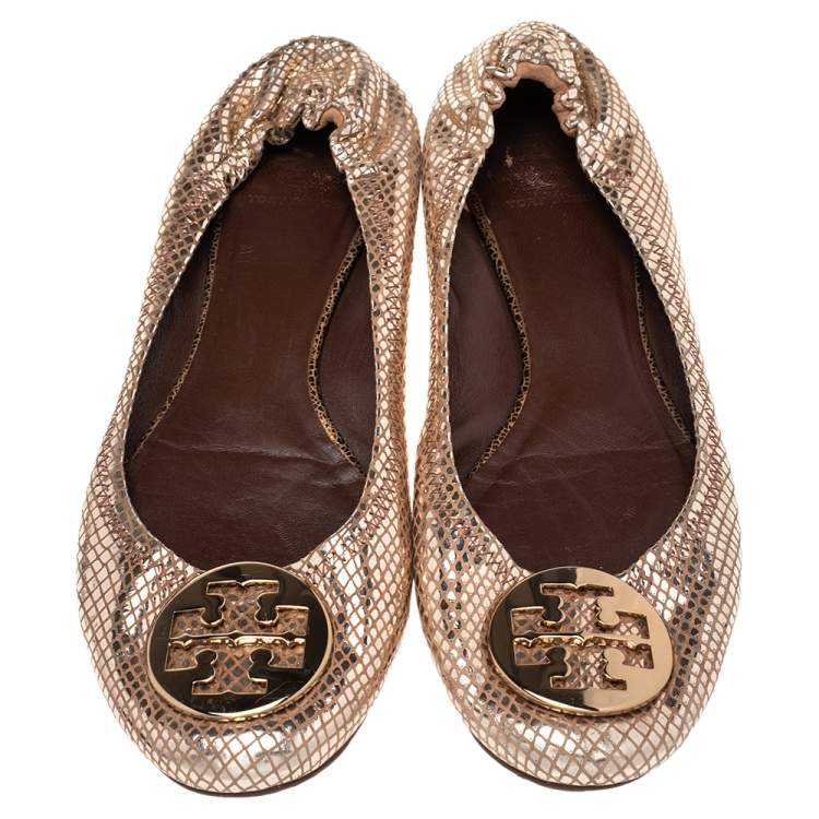 Pre Owned Tory Burch Beige Snakeskin Embossed Leather Reva Pebbled Logo Ballerina Flats Size 41