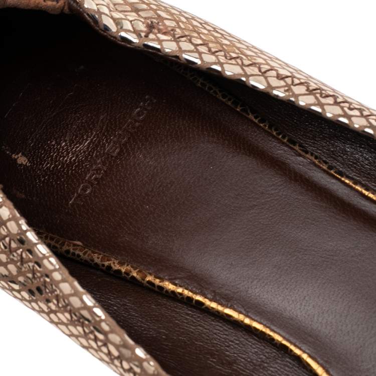 Pre Owned Tory Burch Beige Snakeskin Embossed Leather Reva Pebbled Logo Ballerina Flats Size 41