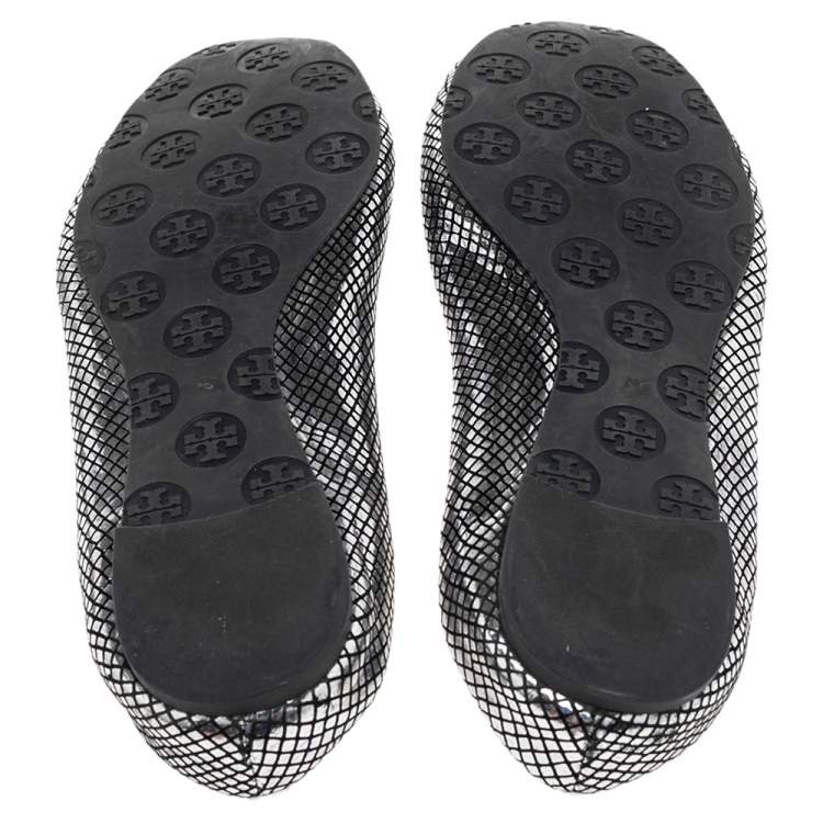 Pre Owned Tory Burch Silver Snakeskin Embossed Leather Logo Ballet Flats Size 41