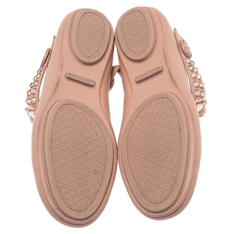 Pre Owned Tory Burch Beige Leather Embellished Strap  Ballet Flats Size 36.5