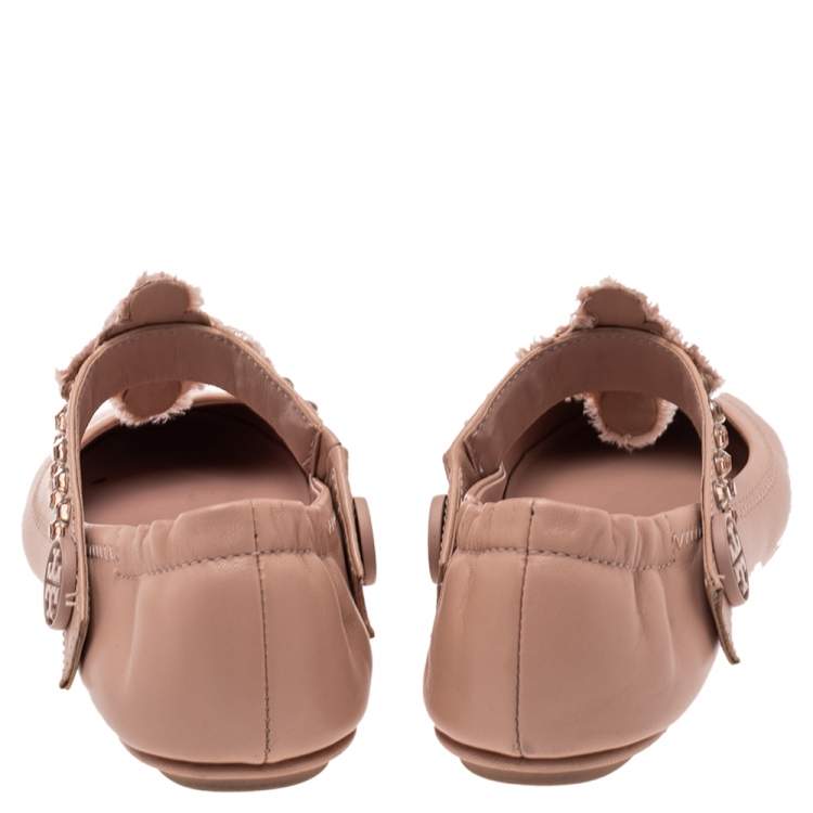 Pre Owned Tory Burch Beige Leather Embellished Strap  Ballet Flats Size 36.5