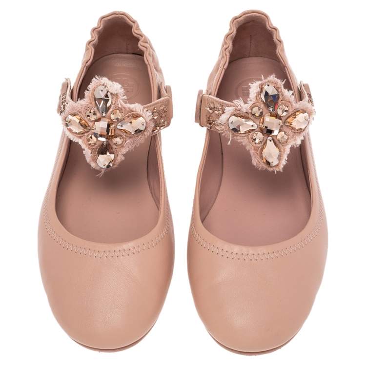 Pre Owned Tory Burch Beige Leather Embellished Strap  Ballet Flats Size 36.5