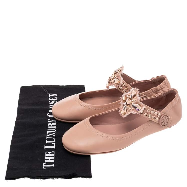 Pre Owned Tory Burch Beige Leather Embellished Strap  Ballet Flats Size 36.5