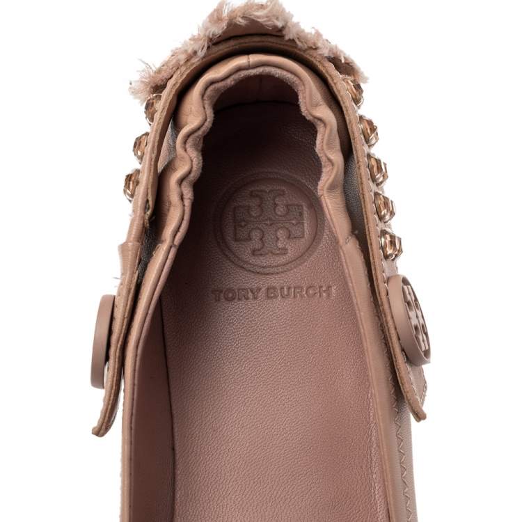 Pre Owned Tory Burch Beige Leather Embellished Strap  Ballet Flats Size 36.5