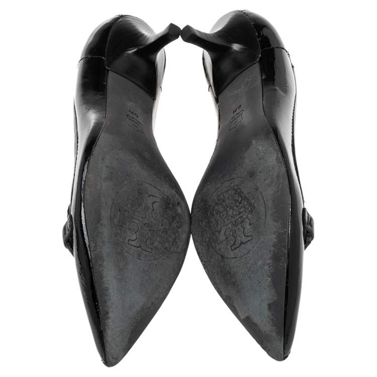 Pre Owned Tory Burch Black Leather And Patent Leather Pointed Toe Pumps Size 36