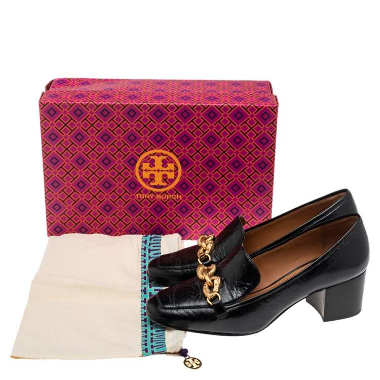 Pre Owned Tory Burch Black Leather Jessa Block Heel Pumps Size 39
