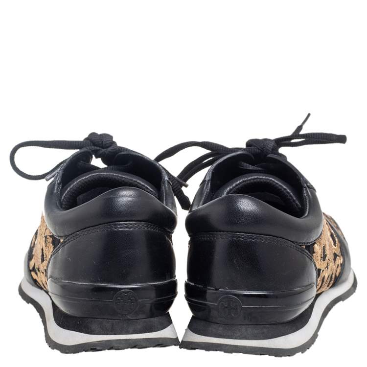 Pre Owned Tory Burch Black Leather and Brocade Fabric Brielle Sneakers Size 36