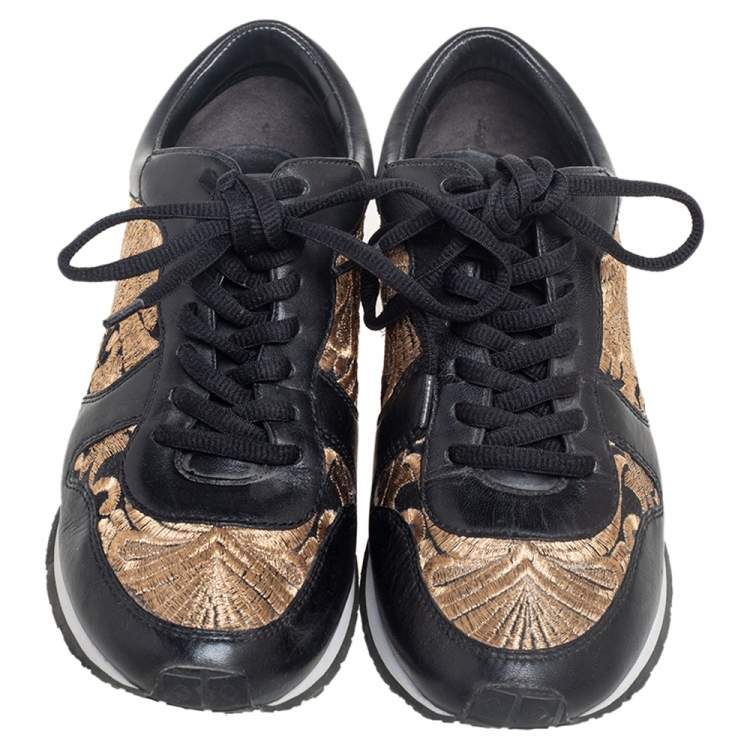 Pre Owned Tory Burch Black Leather and Brocade Fabric Brielle Sneakers Size 36