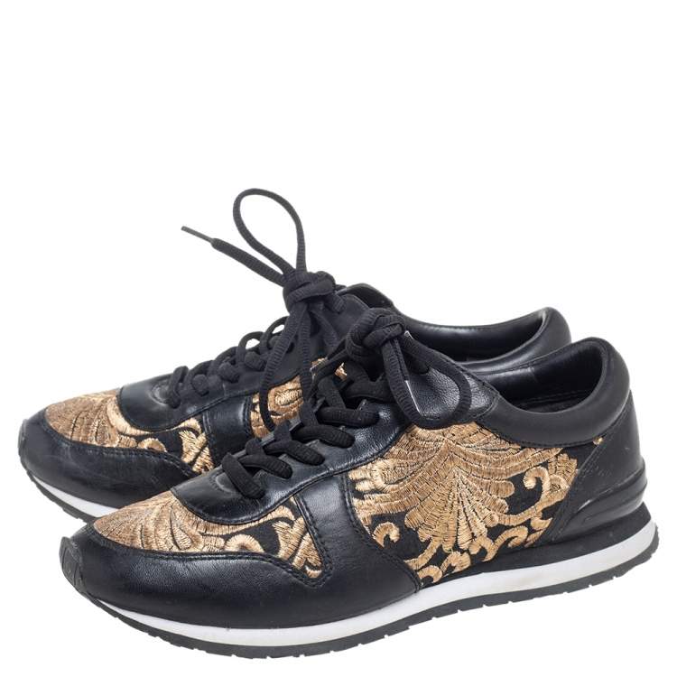 Pre Owned Tory Burch Black Leather and Brocade Fabric Brielle Sneakers Size 36