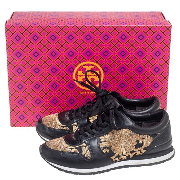 Pre Owned Tory Burch Black Leather and Brocade Fabric Brielle Sneakers Size 36