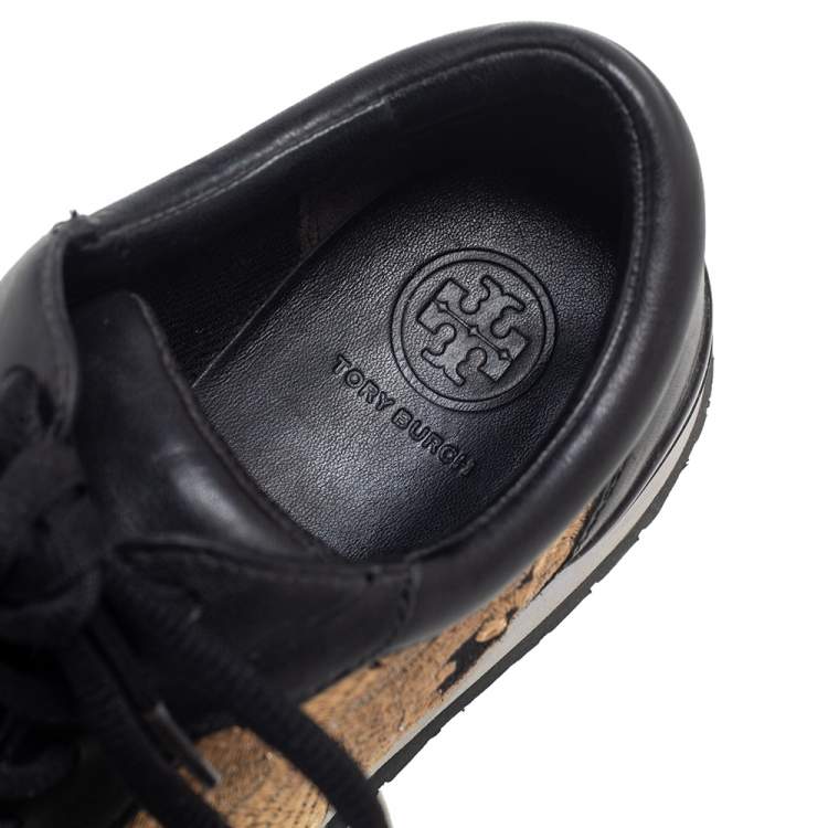 Pre Owned Tory Burch Black Leather and Brocade Fabric Brielle Sneakers Size 36