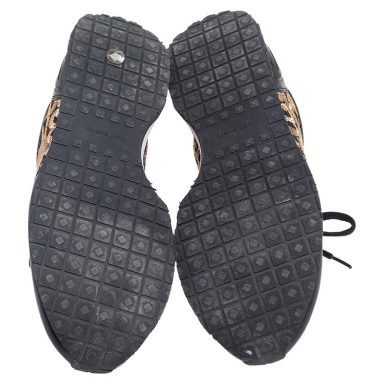 Pre Owned Tory Burch Black Leather and Brocade Fabric Brielle Sneakers Size 36