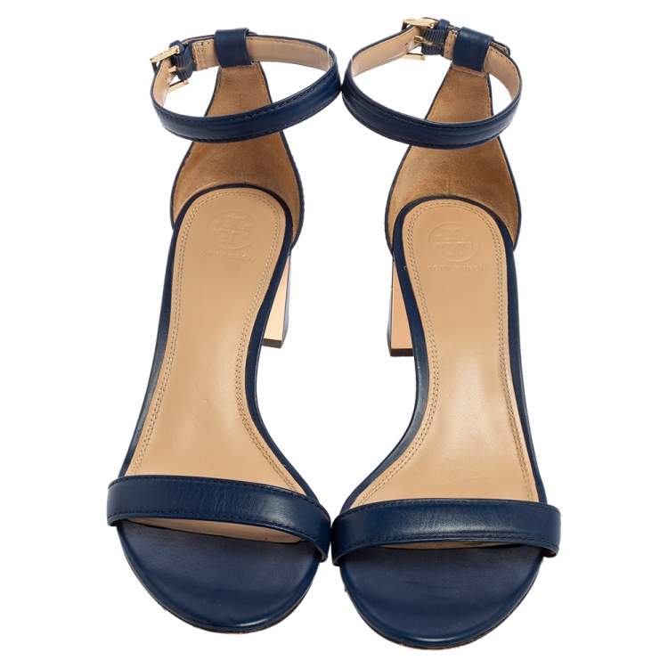 Pre Owned Tory Burch Blue Leather Ankle-Strap Block Heel Sandals Size 40