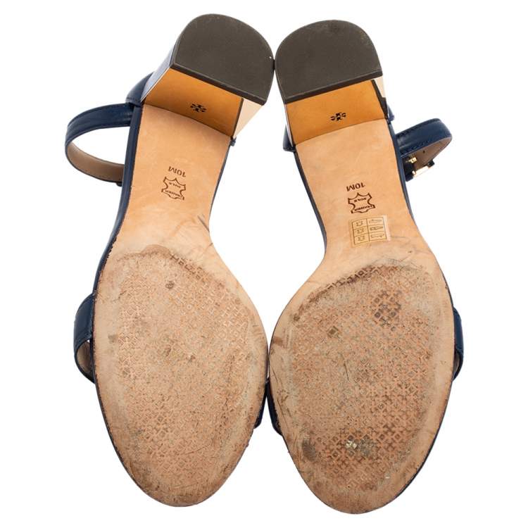 Pre Owned Tory Burch Blue Leather Ankle-Strap Block Heel Sandals Size 40